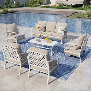 White 6-Piece Metal Outdoor Patio Conversation Seating Set with Marbling Coffee Table and Beige Cushions
