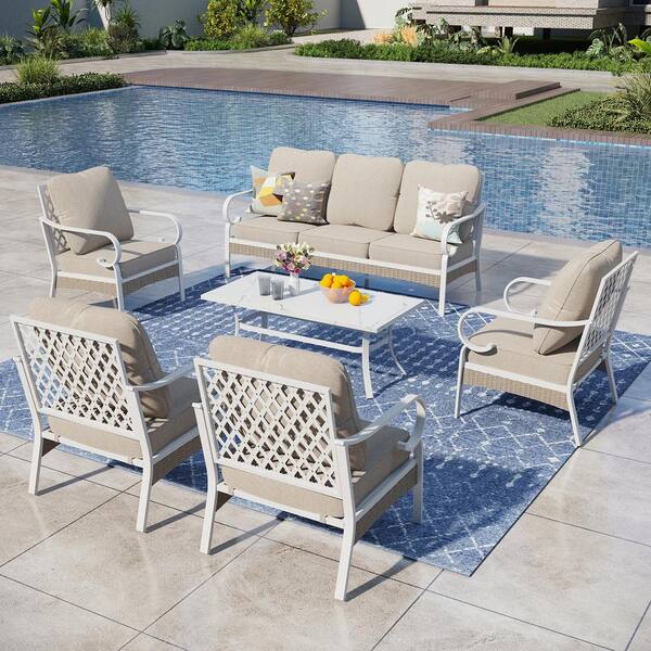 PHI VILLA White 6-Piece Metal Outdoor Patio Conversation Seating Set with Marbling Coffee Table and Beige Cushions