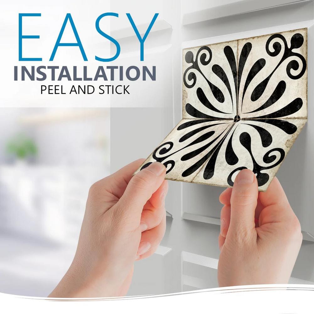 Black and Ivory Vintage Flower Design Vinyl Peel and Stick Tiles, 8x8-inch