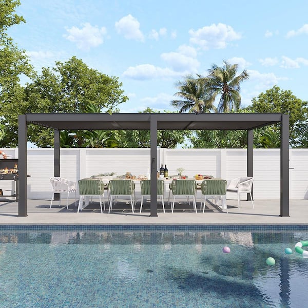 20 ft. x 10 ft. Black Adjustable Louvered Metal Pergolas with Hand Crank Roof