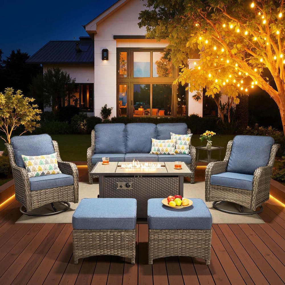 Polaris 7 Pieces Wicker Outdoor Patio Rectangular Fire Pit Set and Swivel Rocking Chairs with Denim Blue Cushions price history on PriceWatchPro