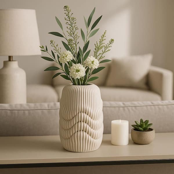 12 in. Ivory Stoneware 3D Printed Cylinder Decorative Vase