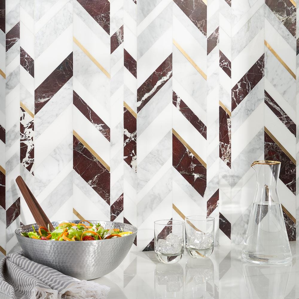 Tyra 12" x 18" Polished Marble and Brass Chevron Mosaic Tile