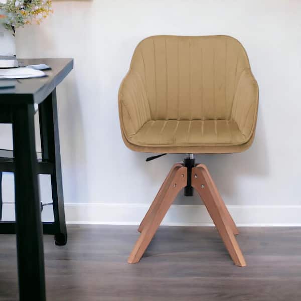 HomeRoots Tufted Champagne And Natural Velvet And Wood Arm Chair