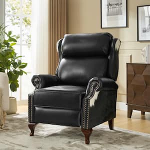 Alice Black Traditional Genuine Leather Manual Recliner with Solid Wood Legs and Nailheads