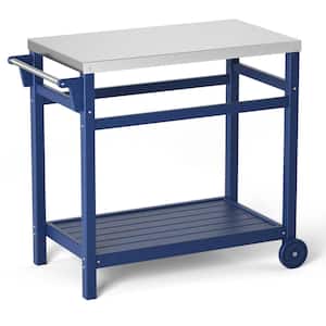 Navy Blue Rectangular Stainless Steel 34 in. x 19 in. x 33 in. Outdoor Dining Table Grill Cart Prep Cart