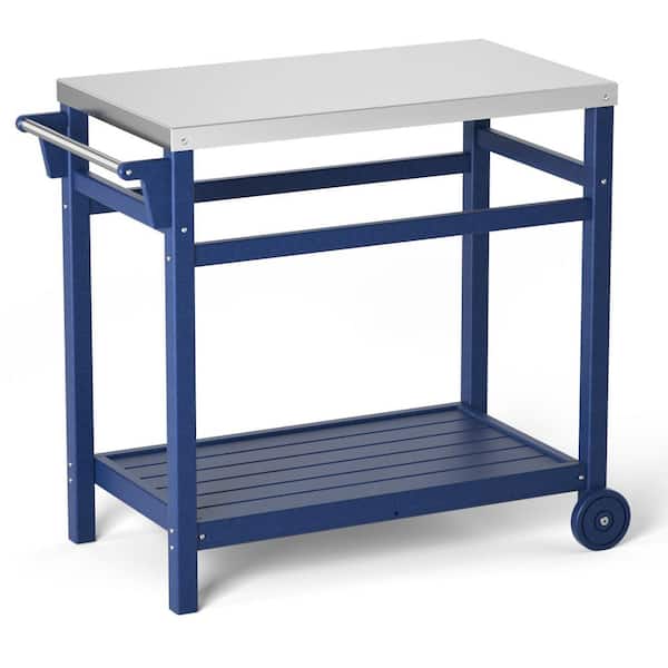 TIRAMISUBEST Navy Blue Rectangular Stainless Steel 34 in. x 19 in. x 33 in. Outdoor Dining Table Grill Cart Prep Cart