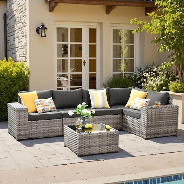 OVIOS Zoila Gray 6-Piece Wicker 7.68 in. Wide Arm Outdoor Patio Sectional Set with Black Cushions