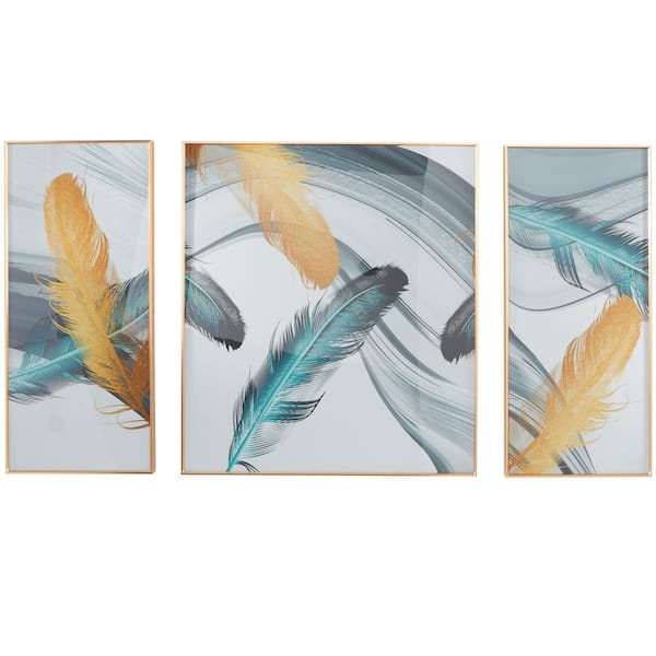 CosmoLiving by Cosmopolitan 3- Panel Bird Feathers Framed Wall Art with Gold Aluminum Frame 36 in. x 32 in.