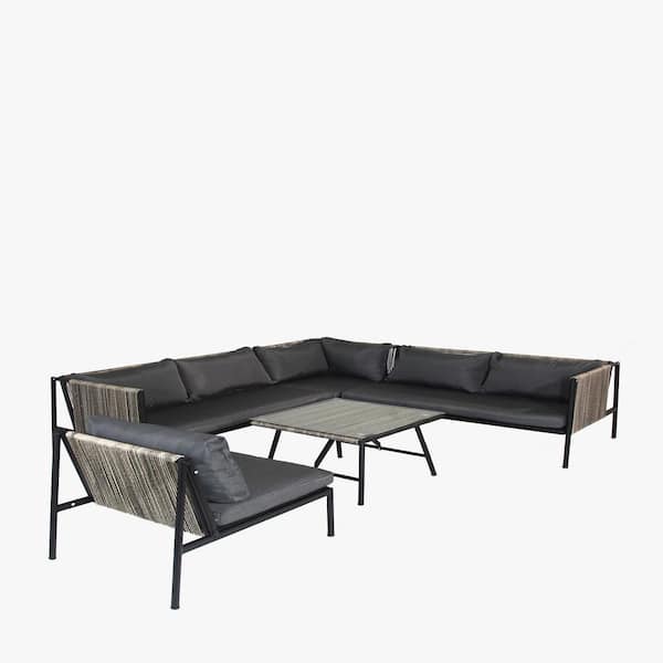 Tunearary 5-Piece Outdoor Garden Deluxe PE Rattan Talking Set with Grey Removable Cushion Cushions and 1 Tea Table