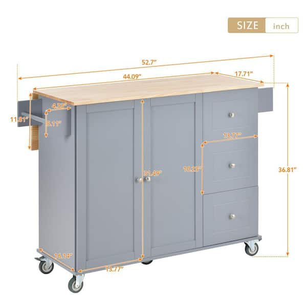 Gray Blue Rolling Mobile Kitchen Island with Solid Wood Top and Lockin