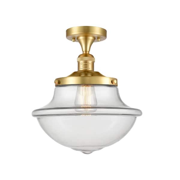 Oxford 11.75 in. 1-Light Satin Gold Traditional Semi-Flush Mount with Clear Glass Shade