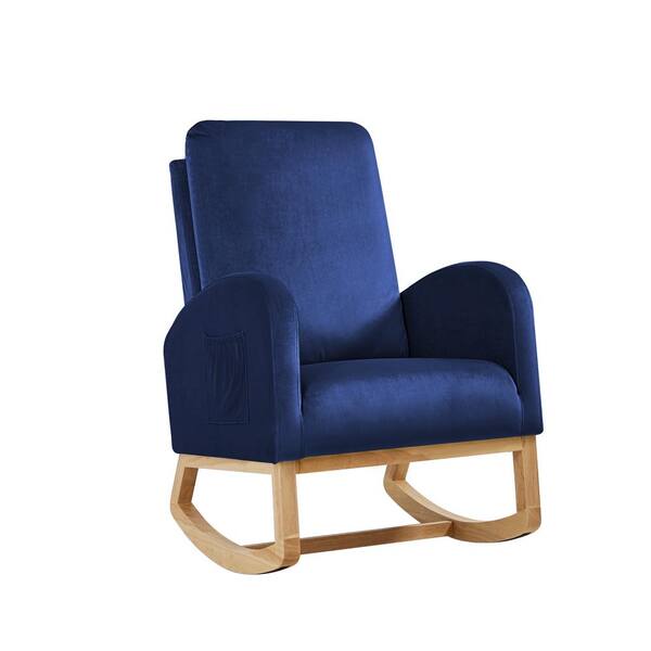 Unbranded Blue Velvet Upholstered Rocking Chair for Nursery High Back Accent Glider Rocker Armchair with Side Pocket and Wood Leg