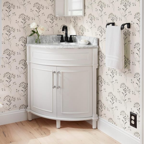 Home Decorators Collection Aberdeen 32 In W X 23 In D Corner Vanity In White With Carrara Marble Top With White Sinks Aberdeen 32w The Home Depot