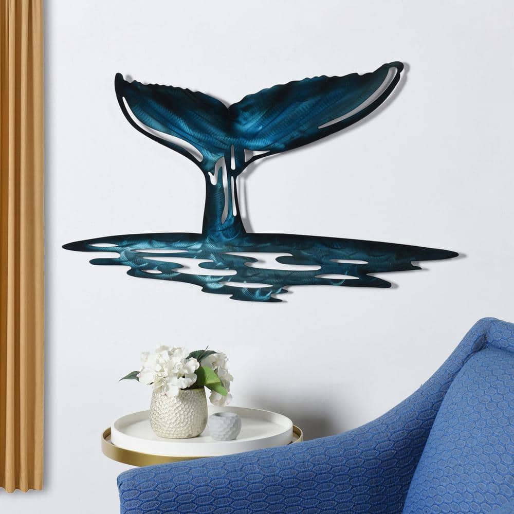 Handcrafted Blue Iron Whale Tail Wall Sculpture