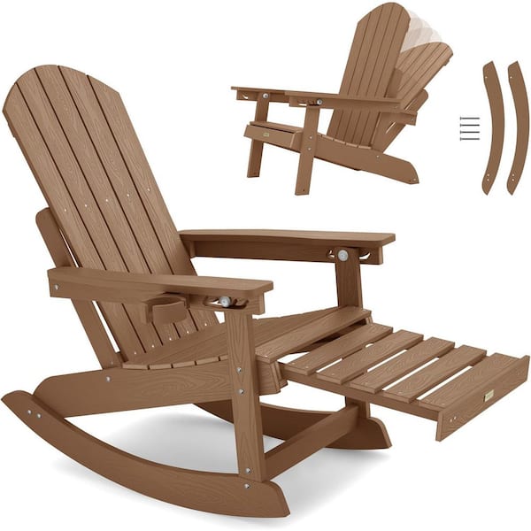 Teak Plastic Adirondack Outdoor Rocking Chair with Retractable Ottoman and Cup Holders