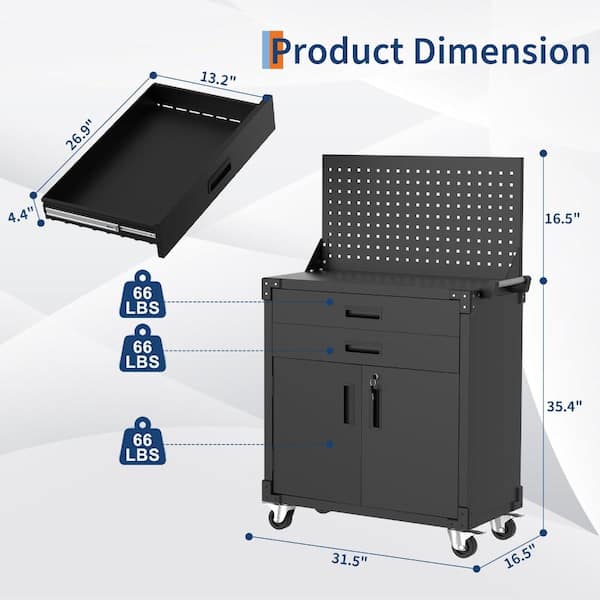 Rolling Tool Chest Cabinet 35", 2 Deep Drawers Pegboard Back Locking Casters for Garage Workshop