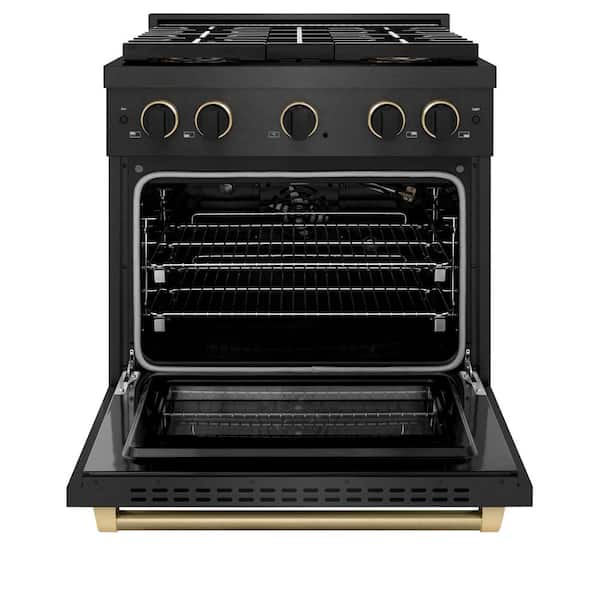 Designer 30 in. 4.2 cu. ft. Gas Range with 4 Burner DuoPro Cooktop in Black Satin with Black and Champagne Accents