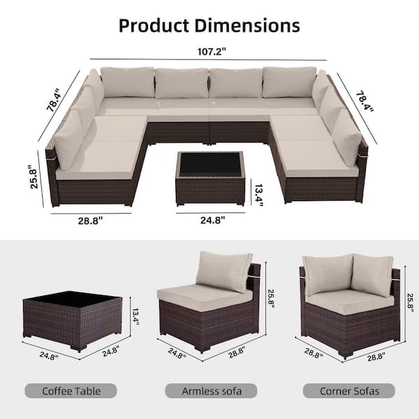 9-Piece Wicker Patio Conversation Seating Set with Beige Cushions and Coffee Table