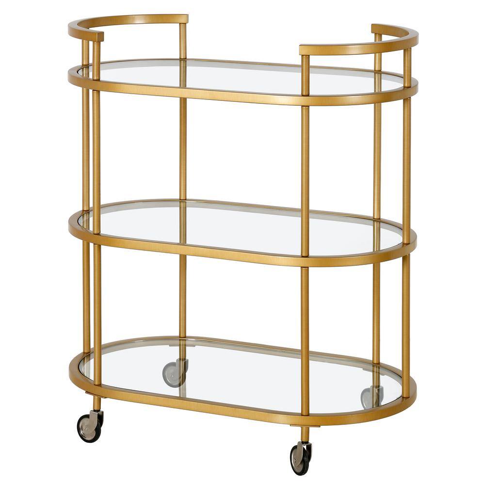 Evelyn Oval Brass Bar Cart with Tempered Glass Shelves