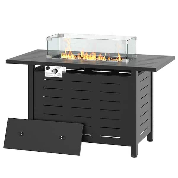 Black 44 in. Metal Rectangular Propane Gas Fire Pit Table with Glass Wind Guard, Lid and Waterproof Cover