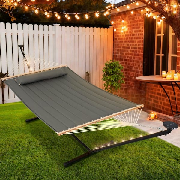 12 ft. Portable Heavy-Duty Hammock with Stand and Detachable Pillow Solar Powered LED Lights 475 lbs Capacity Dark Gray