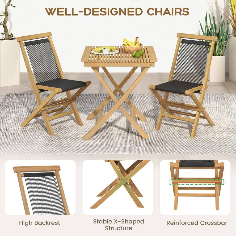Natural Teak and Black Woven Rope Folding Patio Chairs, Set of 2
