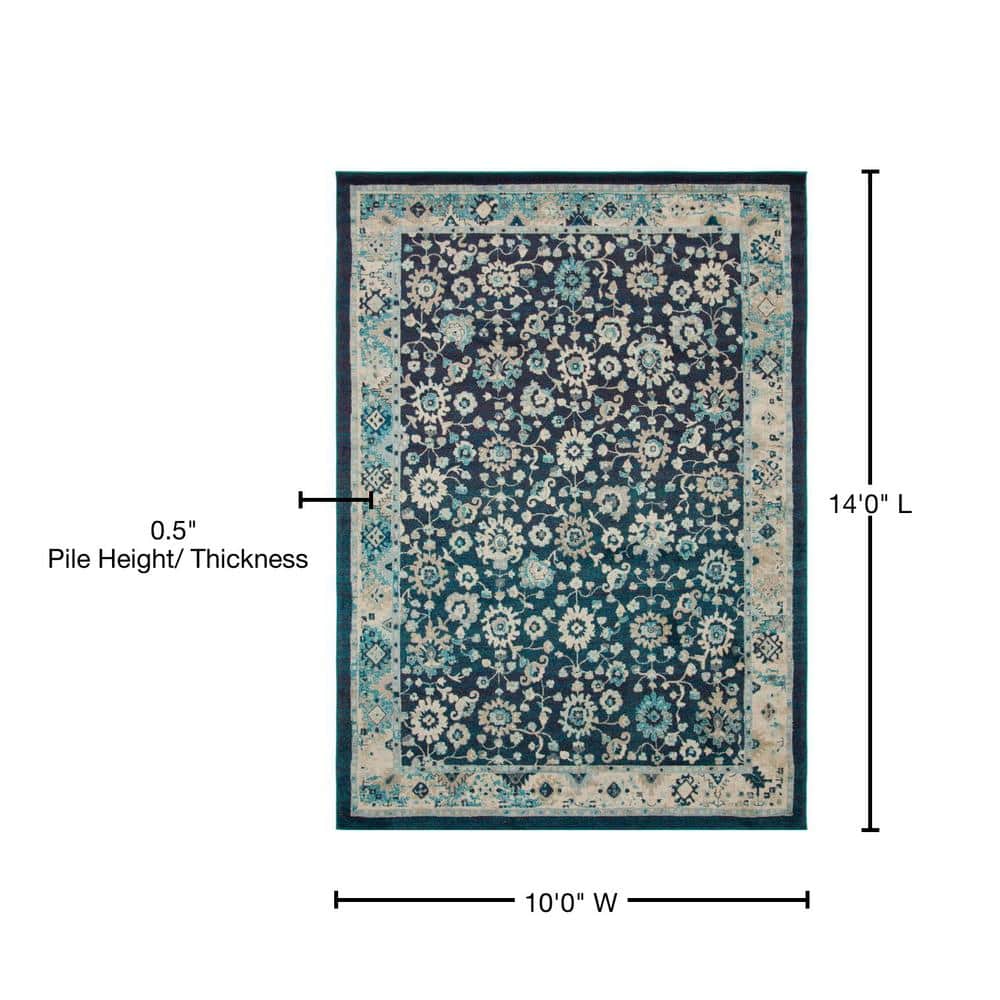 Navy Blue and Beige Floral Synthetic 10' x 14' Area Rug