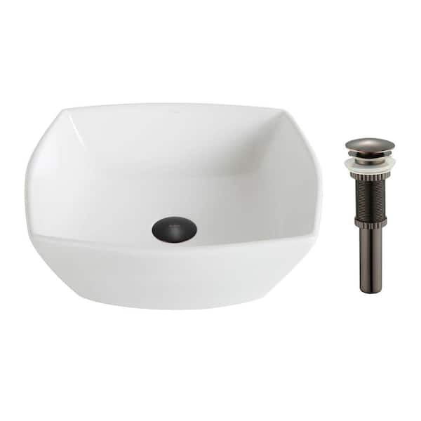 KRAUS Elavo Flared Square Ceramic Vessel Bathroom Sink in White with Pop Up Drain in Oil Rubbed Bronze