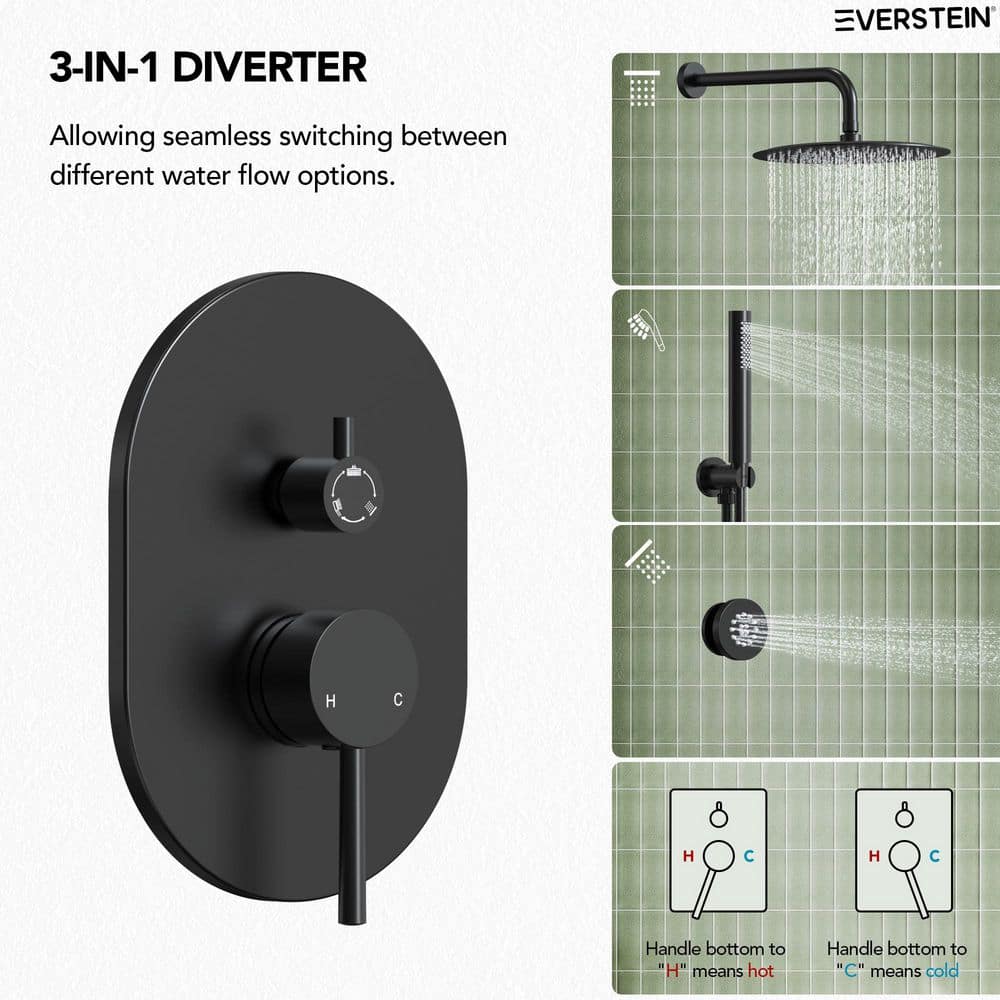 Matte Black 12" Ceiling Mounted Rainfall Shower System with Jets