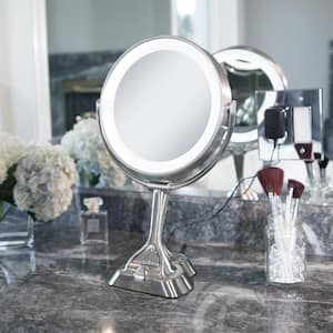 15.75 in. L x 10 in. W LED Angle Adjustable Freestanding Bi-View 10X/1X Vanity Beauty Makeup Mirror in Satin Nickel