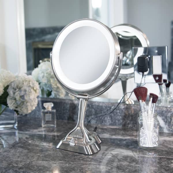 Zadro 15.75 in. L x 10 in. W LED Angle Adjustable Freestanding Bi-View 10X/1X Vanity Beauty Makeup Mirror in Satin Nickel