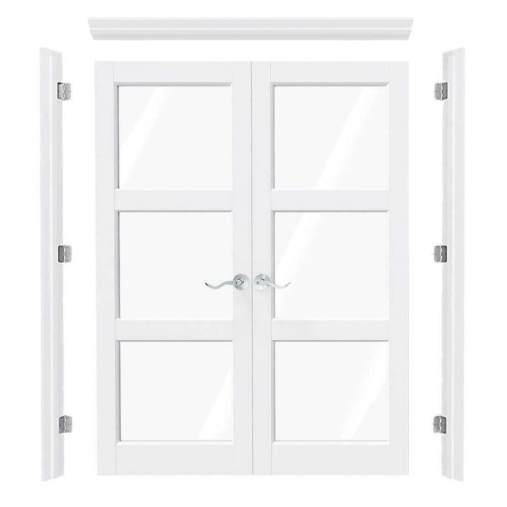60 in. x 80 in. 3 Lite Clear Glass Universal White Primed Double Prehung French Door with Quick Assemble Jamb and Handle price history on PriceWatchPro