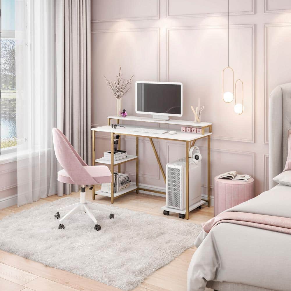 Modern Industrial Gold and Wood Writing Desk with Elevated Shelves