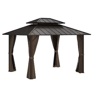 10 ft. x 12 ft. Brown Metal Double-Roof Hardtop Patio Gazebo with Integrated Netting and Adjustable Curtains