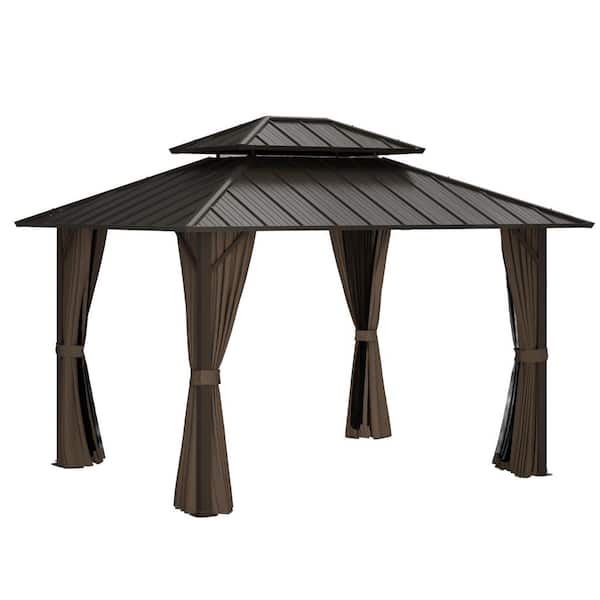 10 ft. x 12 ft. Brown Metal Double-Roof Hardtop Patio Gazebo with Integrated Netting and Adjustable Curtains