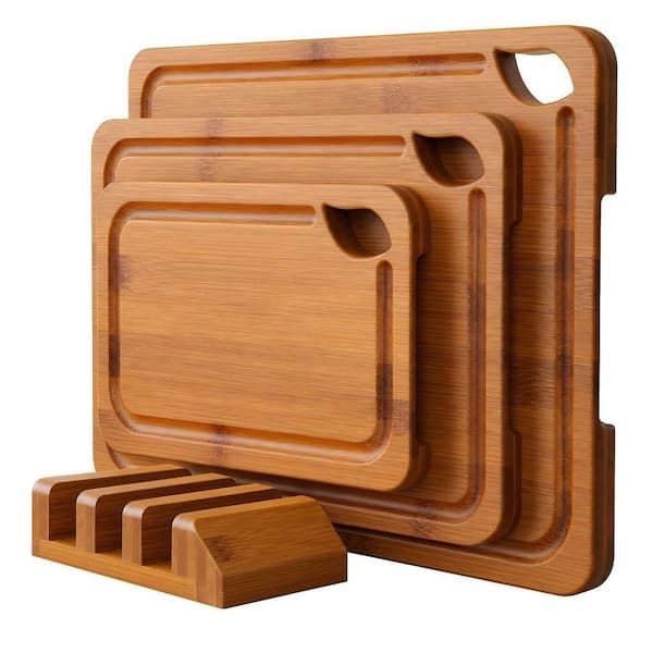 3-Piece Bamboo Cutting Boards with Wood Storage Stand, Reversible Charcuterie and Chopping Boards for Kitchen
