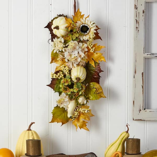 Nearly Natural 33 in. Green Fall Sunflower, Hydrangea and White