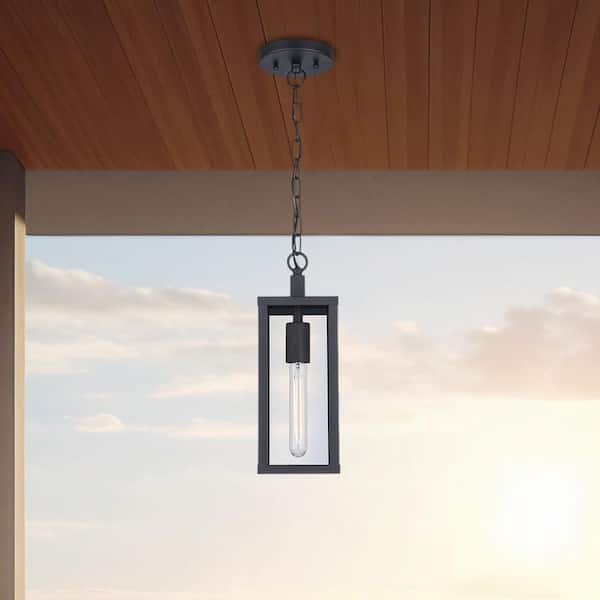 Bel Air Lighting Oxford 14.25 in. 1-Light Black Hanging Outdoor Pendant Light Fixture with Clear Glass