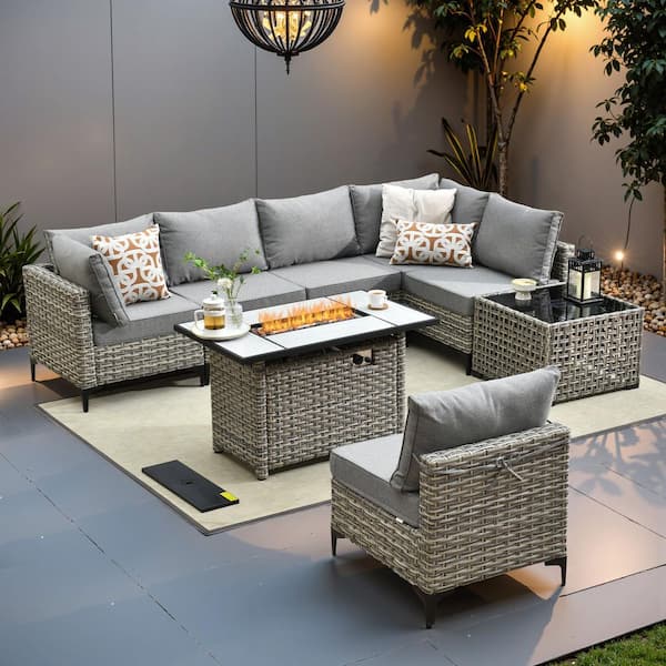 Coralia Gray 8-Piece Outdoor Wicker Patio Conversation Sets With Fire Pit, Dark Gray Cushion & Lighted Coffee Table