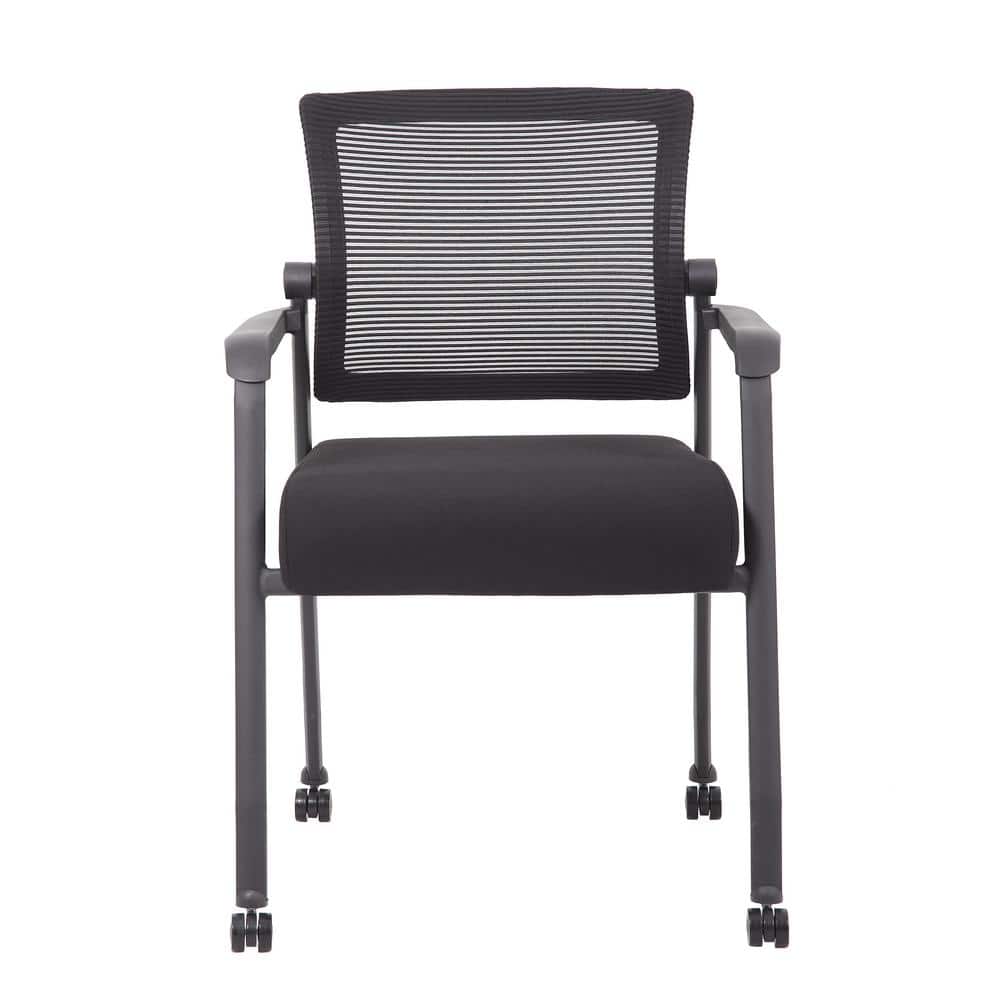 Black Mesh Guest Chair with Fixed Arms and Casters