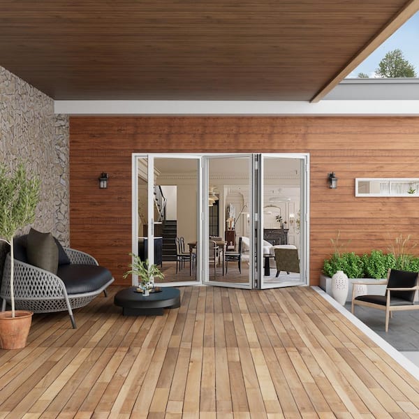 96 in. x 80 in. Right Center Opening/Outswing Double Tempered Glass White Aluminum Folding Patio Door