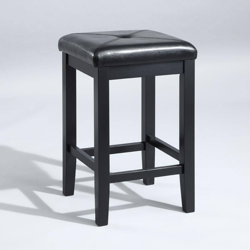 Elegant Backless Black Leather Wood Counter Stool, Set of 2