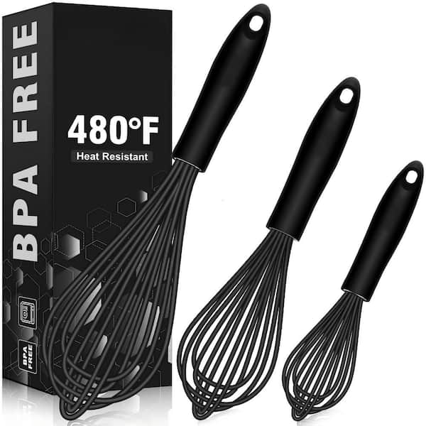 Black Silicone Balloon Whisk Set, Non-Scratch Heat Resistant for Nonstick Cookware, Dishwasher Safe Kitchen Baking Tool