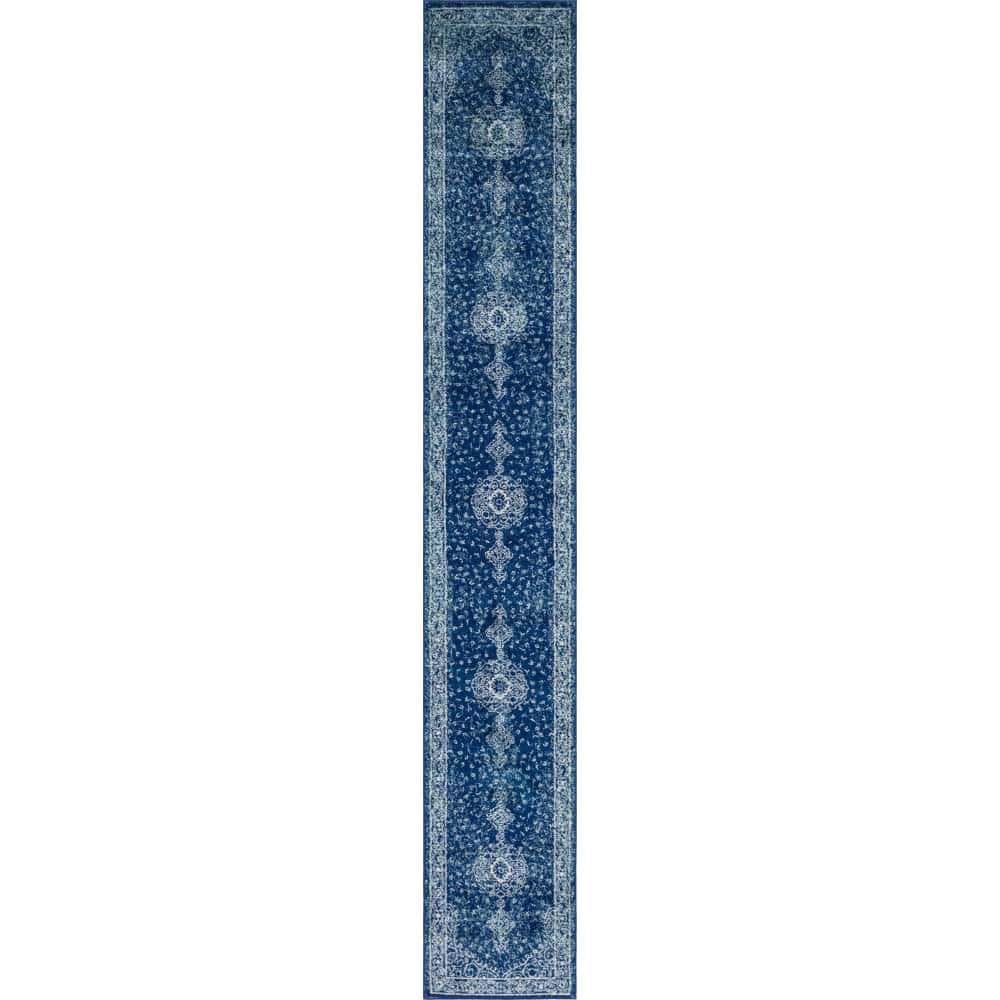 Navy Blue Synthetic Stain-Resistant Runner Rug