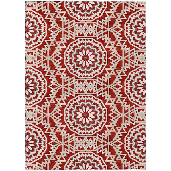 Red, Beige, Ivory 9 ft. x 12 ft. Woven Floral, Medallion Polyester Rectangle Indoor/Outdoor Area Rug
