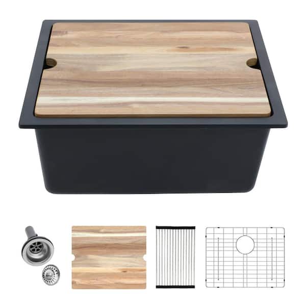 21 in. Undermount Bar Sink Single Bowl Black Granite/Quartz Composite Workstation Kitchen Sink with Bottom Grids