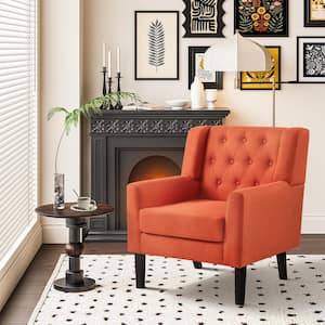 Mid Century Modern Orange Fabric Upholstered Accent Arm Chair with Button Tufted Back and Solid Wood Legs