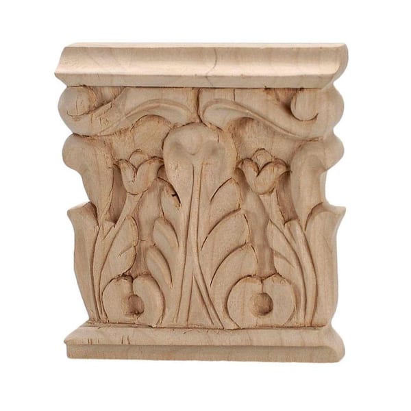 American Pro Decor 3-1/8 in. x 3 in. x 1/2 in. Unfinished Hand Carved North American Solid Alder Acanthus Wood Onlay Capital Wood Applique