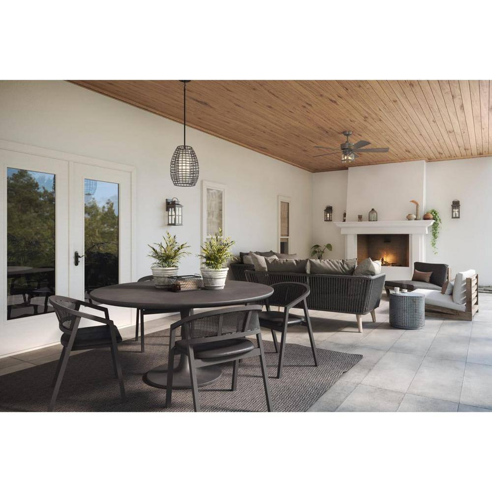 Pawley Matte Black Rattan Outdoor Pendant Light with Etched Glass